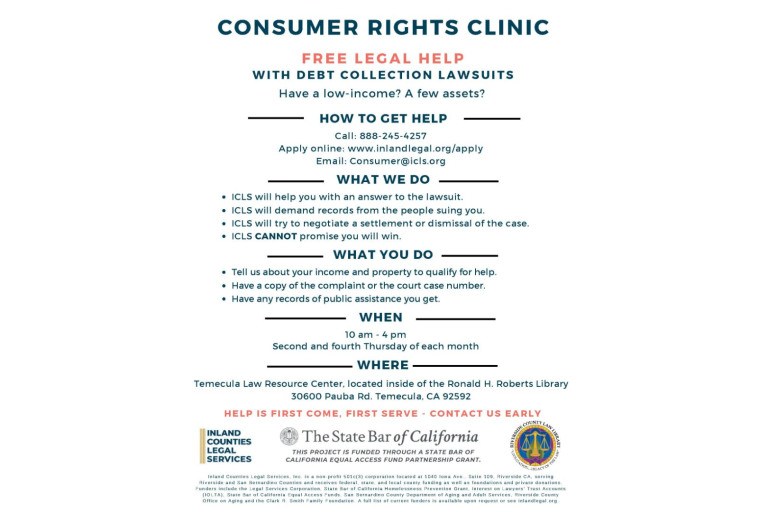 A flyer showing information for the ICLS Consumer Law Clinic event in Temecula.