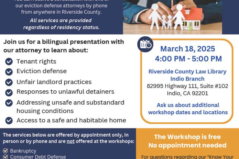 English flyer for Riverside Legal Aid's "Know Your Rights" workshop on March 18th in Indio from 4-5PM.