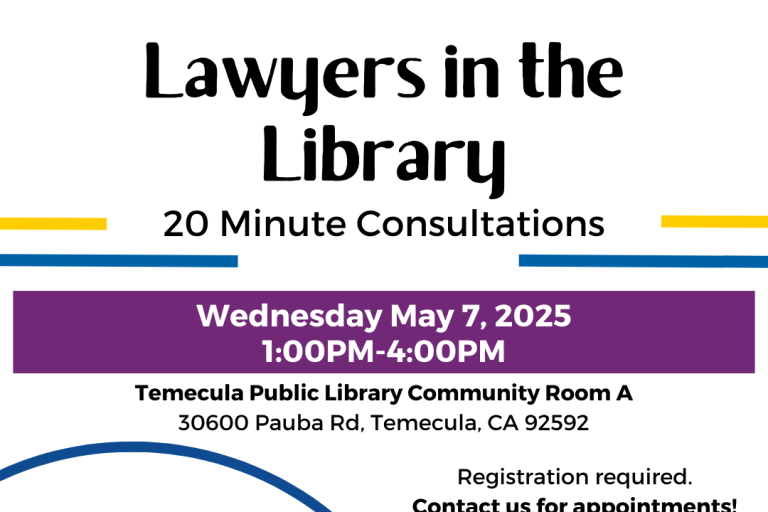 Flyer for Lawyers in the Library Event letting patrons know to call the library at 951.693.8902 to make an appointment.