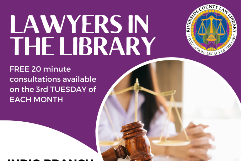 Informational flyer for the Lawyers in the Library program at the Indio Branch of the Riverside County Law Library.