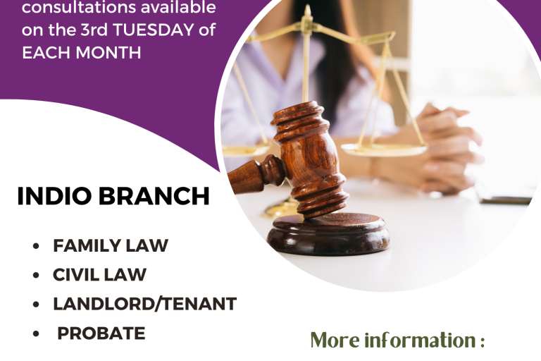 Informational flyer for the Lawyers in the Library program at the Indio Branch of the Riverside County Law Library.