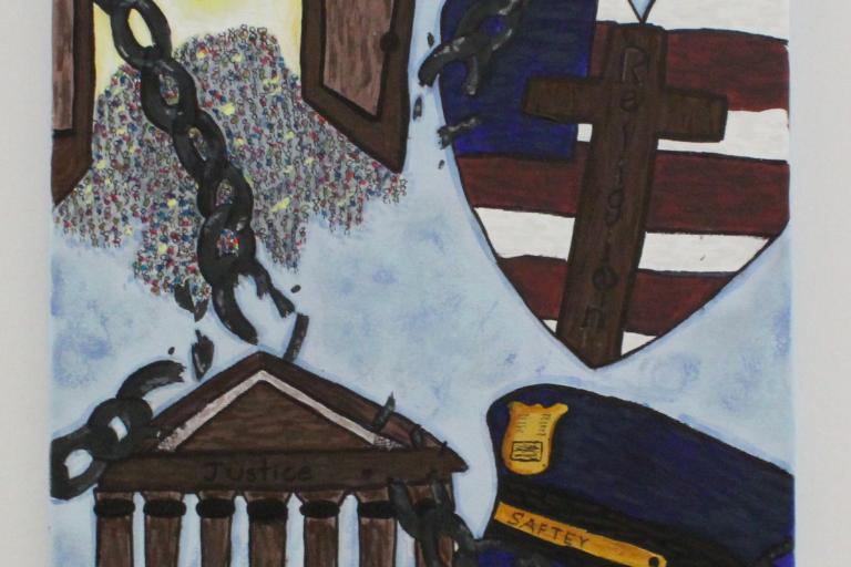 The top of Dreier’s artwork says, “Law Day 2025”. On the top left of the piece, there are people gathered around two large open doors where the inside says, “together.” To the right of this is the US flag in the shape of a heart with a brown cross in the middle reading, “religion.” Below the heart is a blue police hat with a plaque that says “safety.” To the left of the hat and below the doors, there is a brown structure of columns with the words “Justice” on the front. At the forefront, there are chains sn