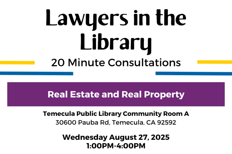 Lawyers in the Library Event Poster. Set for August 27th from 1pm-4pm.