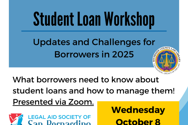 flyer about October student loan presentation with Legal Aid Society of San Bernardino