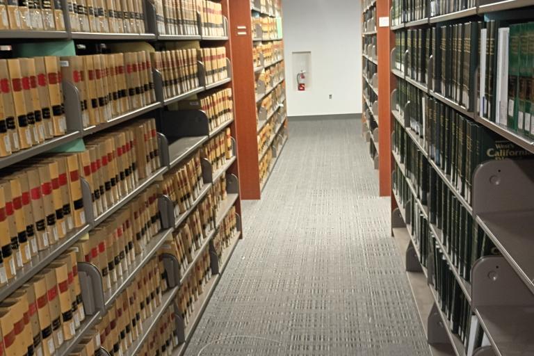 Shelves of library books.