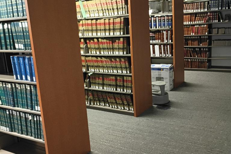 Shelves of library books.