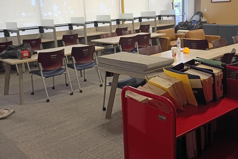 Desks in the under-construction reading room of the Palm Springs Branch.
