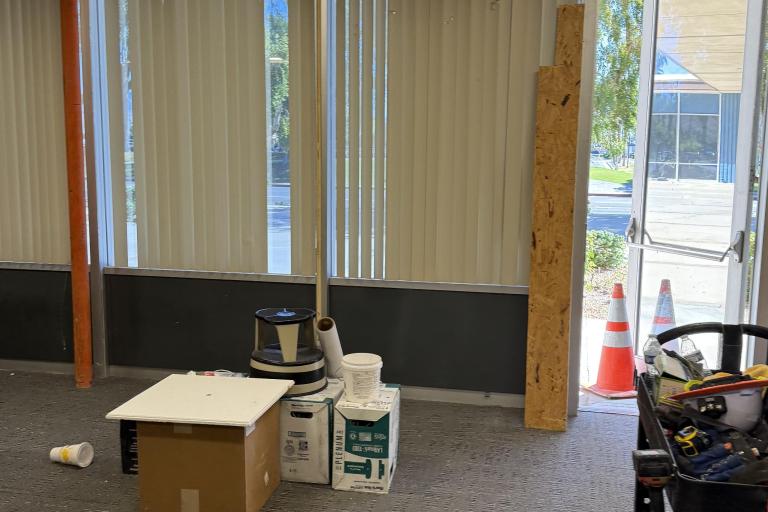 Photo of construction equipment and an open ceiling at the Palm Springs Law Library.