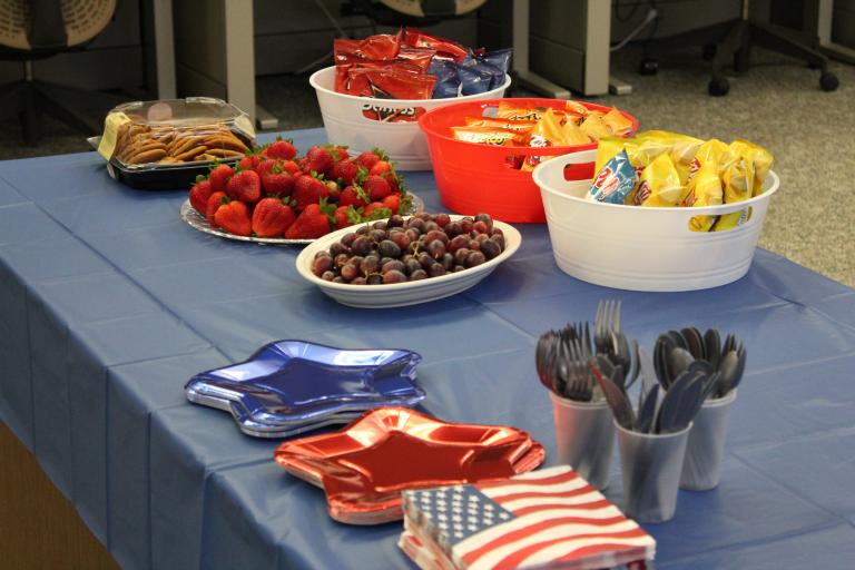 A table of snacks and refreshments.
