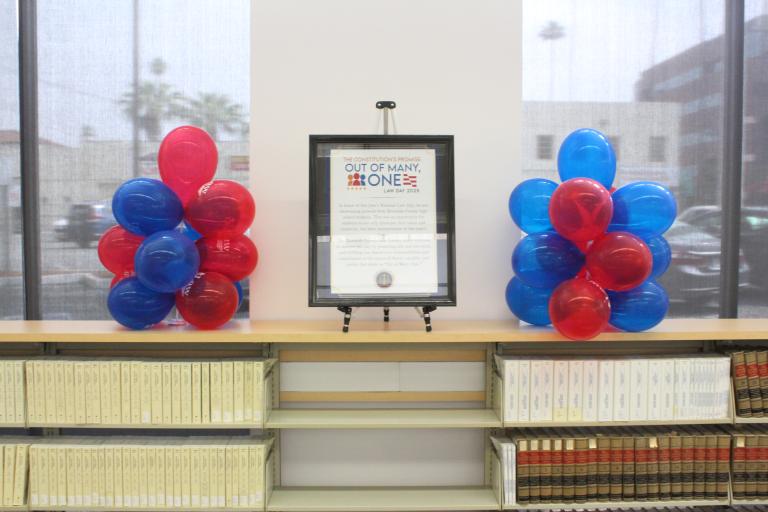 Law Day informational poster with red and blue balloons.