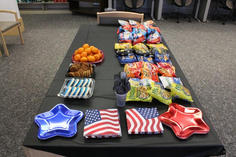 A table of snacks and refreshments.