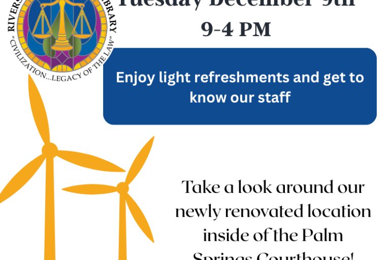 Informational flyer for the opening of the Palm Springs Law Library on December 9th, 2025.