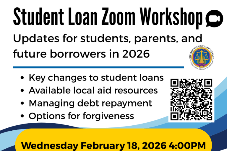 Flyer for Legal Aid Society of San Bernardino Student Loan Presentation on February 18 2026