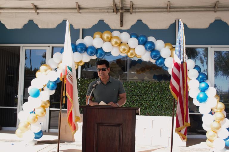 Counties Facilities Management Director Vince Izaguirre delivering remarks outside the Palm Springs Law Library.