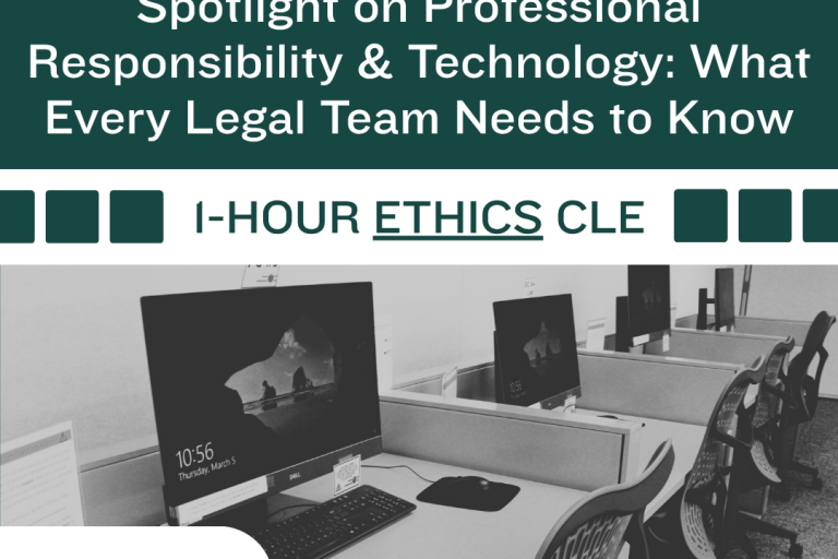 Flyer for the RCLL and Trellis Ethics CLE, "Spotlight on Professional Responsibility & Technology: What Every Legal Team Needs to Know" on June 10, 12-1PM with an image of a row of computer stations.