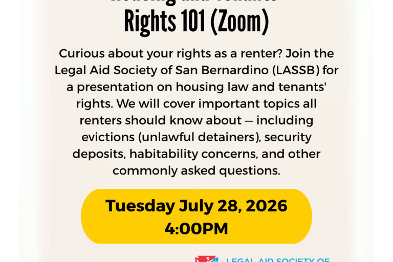 Flyer for the Legal Aid Society of San Bernardino's Housing and Tenants' Rights 101 Zoom presentation on July 28, 2026 at 4PM.