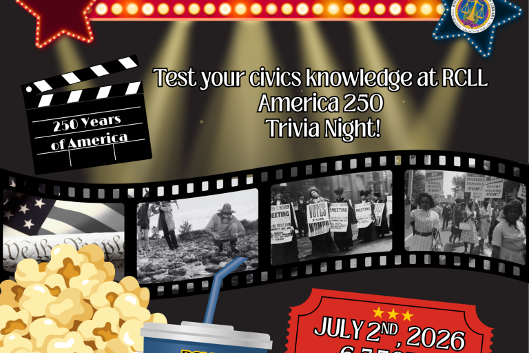 Flyer for RCLL's America 250 Trivia Night at the Victor Miceli Law Library on July 2nd from 6-7:30PM.