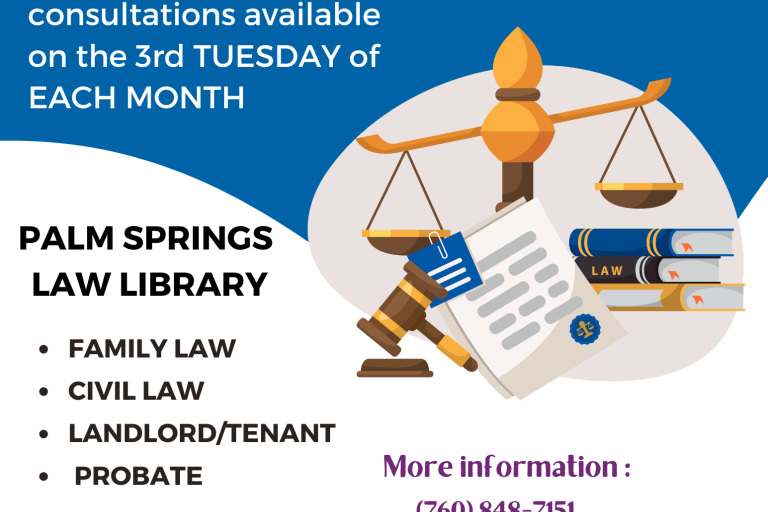 Flyer for the Lawyers in the Library event at the Palm Springs Law Library, offering free 20-minute civil consultation on the third Tuesday of every month. Reservation required.