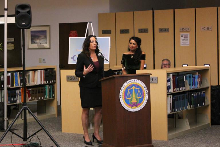 Riverside County Bar Association Board President Elisabeth Lord accepts the RCBA's Community Partnership Award