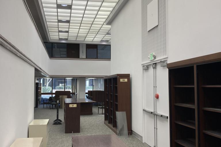 long shot of library corridor