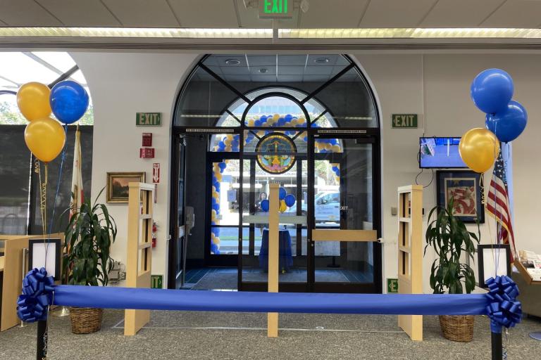 The blue ribbon at the entrance of the library