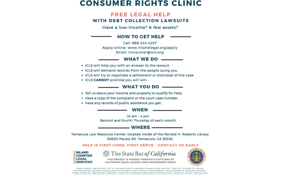 A flyer showing information for the ICLS Consumer Law Clinic event in Temecula.