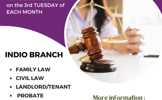 Informational flyer for the Lawyers in the Library program at the Indio Branch of the Riverside County Law Library.