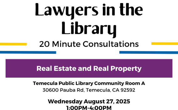 Lawyers in the Library Event Poster. Set for August 27th from 1pm-4pm.