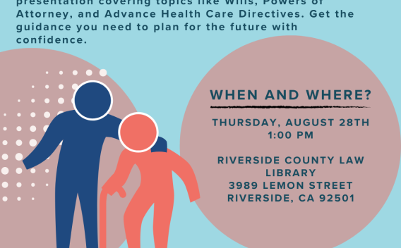 Informational flyer for ICLS's Elder Law Presentation on August 28, 2025 in Riverside.