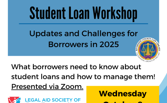 flyer about October student loan presentation with Legal Aid Society of San Bernardino