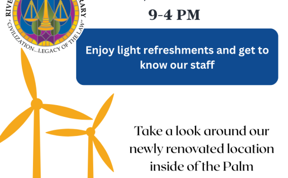 Informational flyer for the opening of the Palm Springs Law Library on December 9th, 2025.