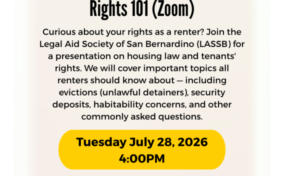 Flyer for the Legal Aid Society of San Bernardino's Housing and Tenants' Rights 101 Zoom presentation on July 28, 2026 at 4PM.