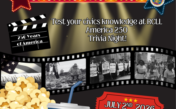Flyer for RCLL's America 250 Trivia Night at the Victor Miceli Law Library on July 2nd from 6-7:30PM.