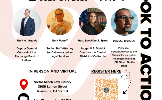 Flyer featuring speakers for RCLL's Book to Action Panel Discussion: Tribal Sovereignty, Law, & Justice: Its Impact Today. Wednesday, July 29th at 4PM in Riverside and via Zoom.
