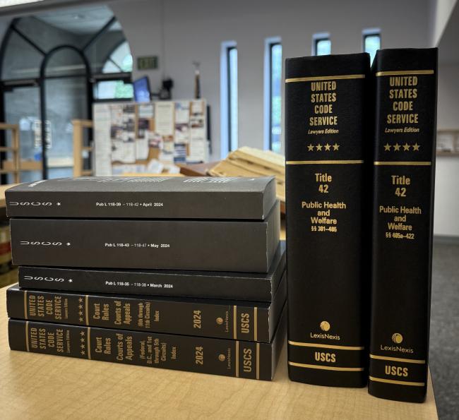 Photograph of volumes from the United States Code Service sitting atop a bookshelf.