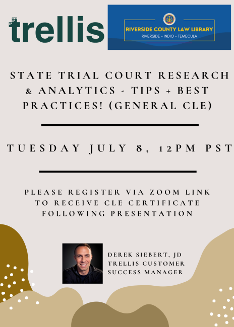Informational flyer for the July 8th state trial court research CLE presented by Trellis.