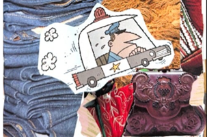 Fashion-themed collage featuring a cartoon policeman in a police car.