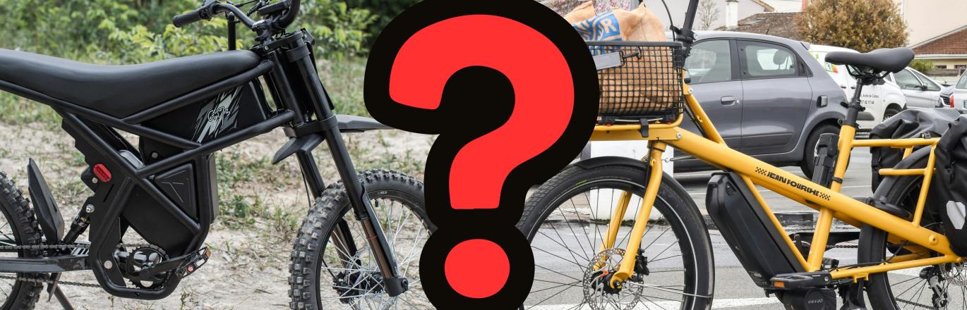 Photos of two types of e-bikes with a red question mark in the middle.