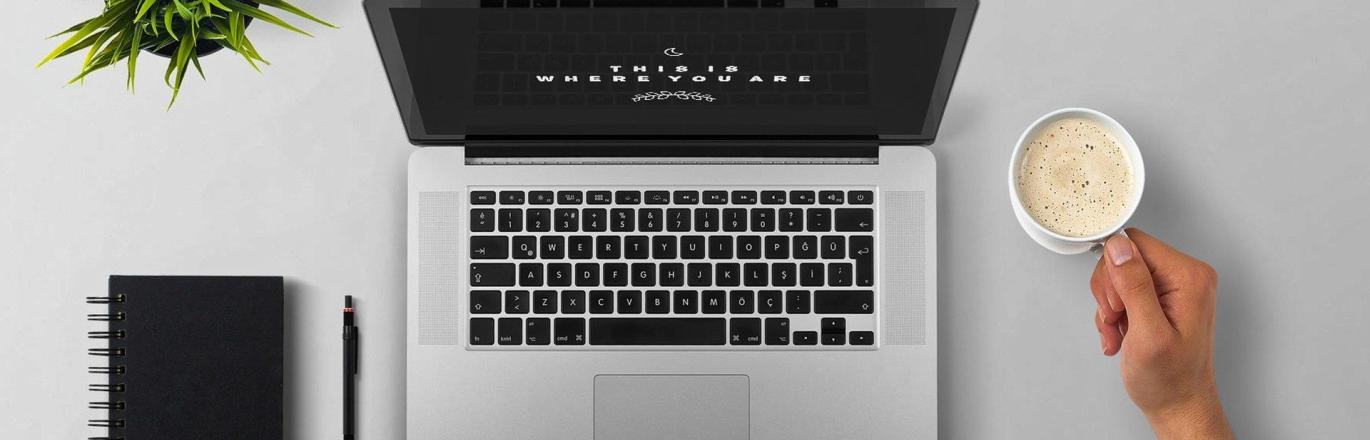 overhead view of a laptop with a green plant and black notebook to the left and a hand holding a cup to the right of the laptop