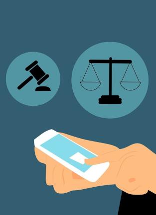 Illustration of hands using a smartphone with various legal icons displayed above.