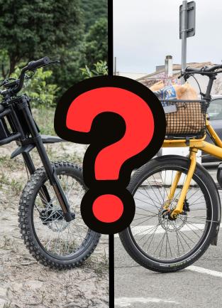 Photos of two types of e-bikes with a red question mark in the middle.