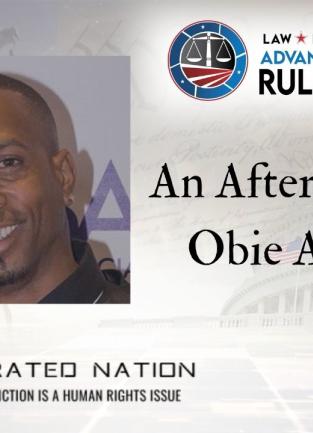 Event flyer with text saying "LAW DAY 2021 ADVANCING THE RULE OF LAW NOW" and "An Afternoon with Obie Anthony" featuring a photo of Obie, the Exonerated Nation logo and the Riverside County Law Library seal